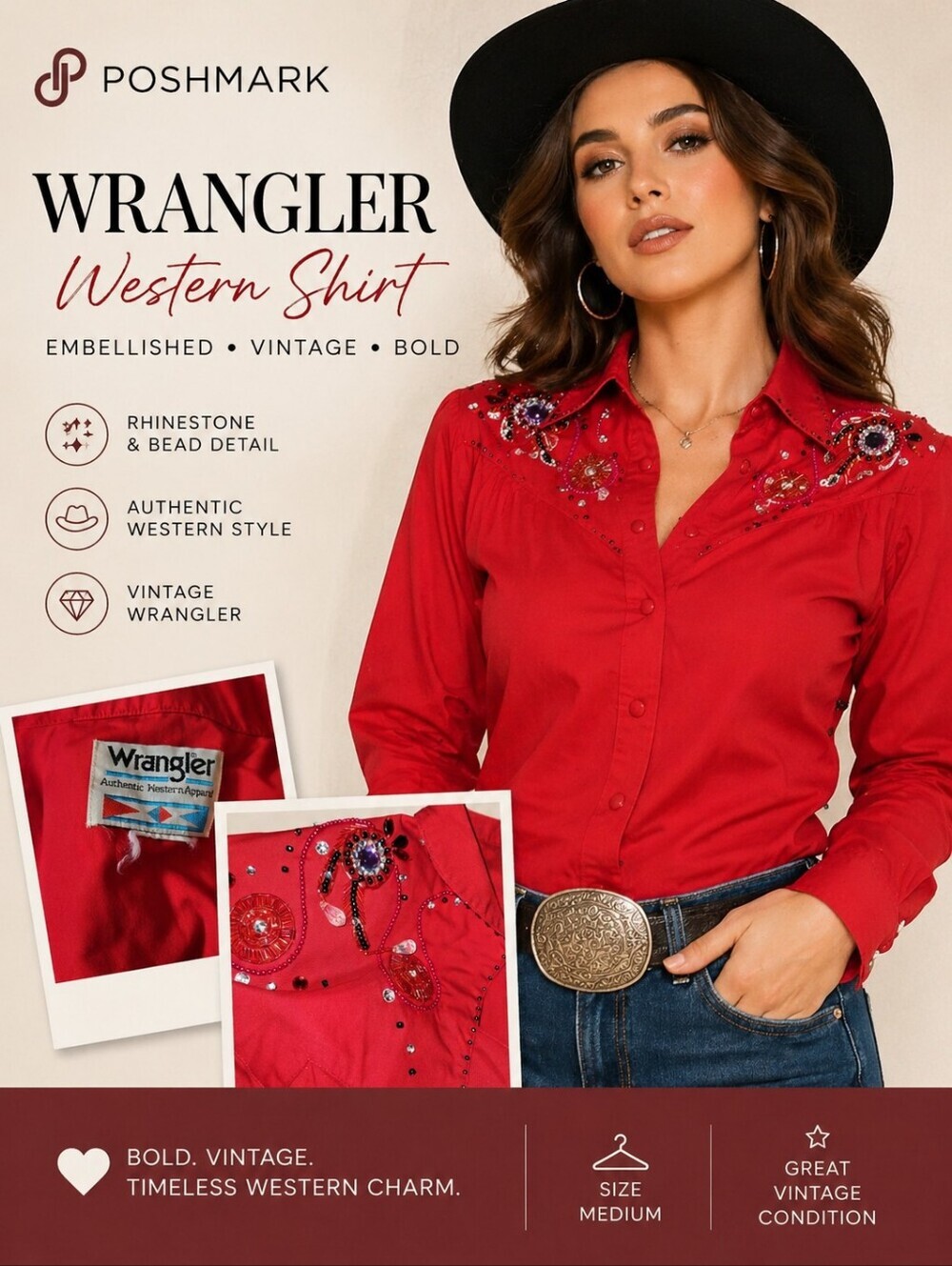 Vintage Wrangler Authentic Western Red Beaded Rhinestone Snap Shirt Rodeo Queen
